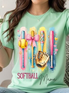 Gildan Mint Green Short Sleeve Tee with Colorful Softball Graphic